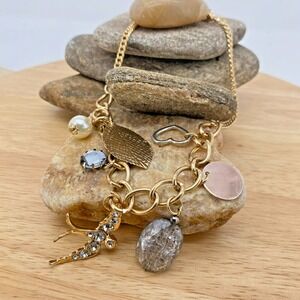 Gold Tone Multi Charm Necklace Bird Leaf Pearl Rhinestone Oval Link Chain 15-18"